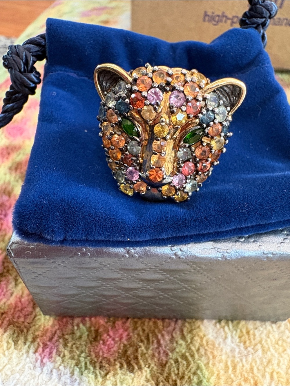 Multicolor Crystal Leopard Head Ring with Green Eyes - Women Jewelry